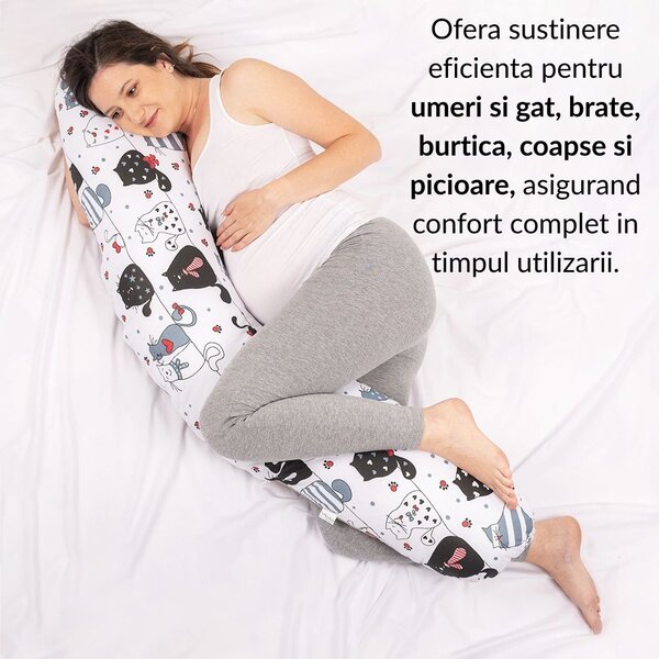 Perna gravide 3 in 1 cu husa detasabila din bumbac 100% Kidizi Lena, lungime 160 cm, Happy Kitten