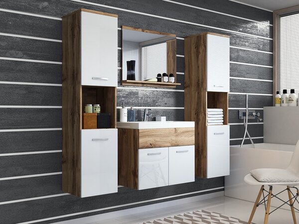 Mobilier baie Florena XL (stejar wotan + alb lucios) (fără baterie, cu sifon, cu lavoar). 1122165