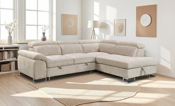 Colțar Extensibil Cremona KF7629 cu Ladă Depozitare, Șezlong Dreapta, Bej