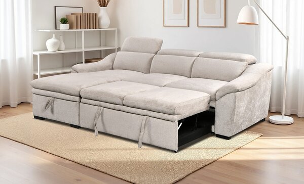 Colțar Extensibil Harmony KF7489 cu Ladă Depozitare, Șezlong Stânga, Gri Deschis