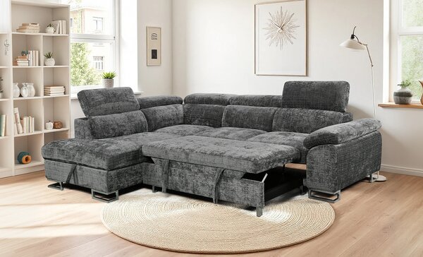 Colțar Extensibil Cremona KF7629 cu Ladă Depozitare, Șezlong Stânga, Gri