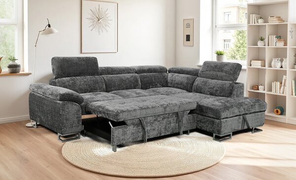 Colțar Extensibil Cremona KF7629 cu Ladă Depozitare, Șezlong Dreapta, Gri