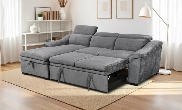 Colțar Extensibil Harmony KF7489 cu Ladă Depozitare, Șezlong Stânga, Gri Închis