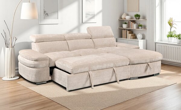 Colțar Extensibil Cremona KF7868 cu 2 Spații Depozitare, Șezlong Dreapta, Bej
