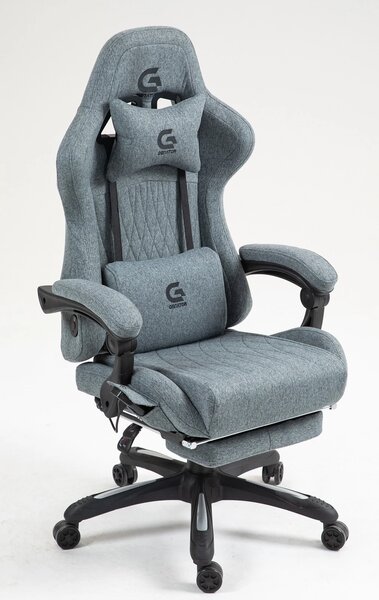 Scaun gaming, Masaj in 7 puncte, Boxe Bluetooth, funcție șezlong, 90-155 grade, suport picioare, textil, Gri