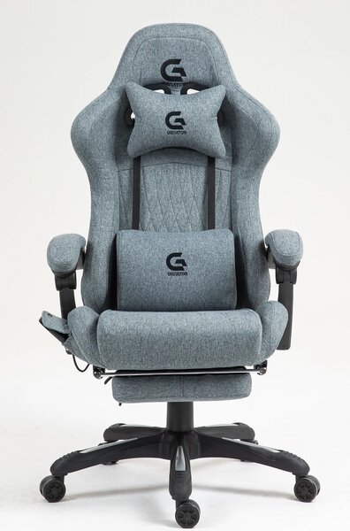 Scaun gaming, Masaj in 7 puncte, Boxe Bluetooth, funcție șezlong, 90-155 grade, suport picioare, textil, Gri