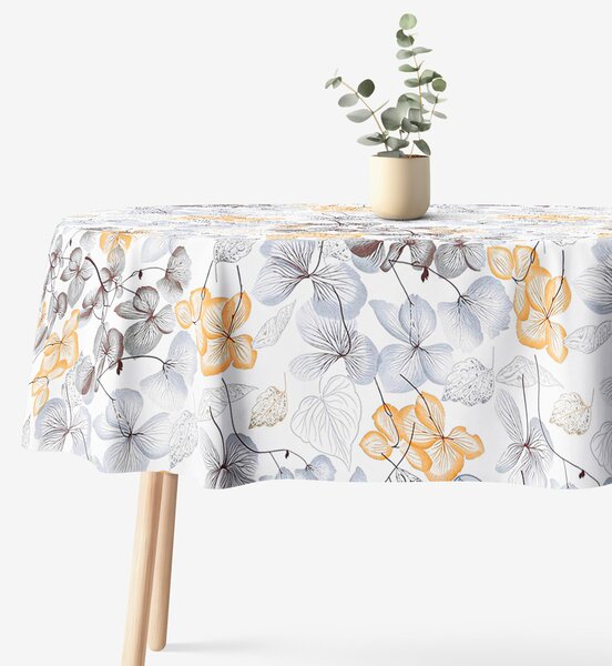 Goldea față de masă 100% bumbac - flori gri-maro cu frunze - rotundă Ø 150 cm