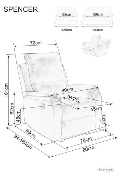 Fotoliu recliner SPENCER 1, gri/negru, stofa catifelata/metal, 80x94/1