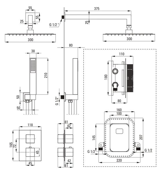 Deante Box set de duș ascuns cu termostat cu duș de ploaie negru BXYZNEAT