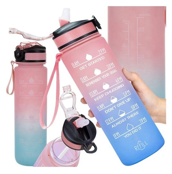 Sticla portabila pentru apa, 1 L, capac cu siguranta, 7.5 x 29 cm, albastru/roz