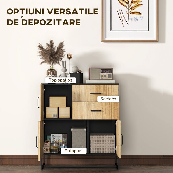 HOMCOM Bufet Modern de Depozitare cu 3 Dulapuri și 2 Sertare din Pal Melaminat și Oțel, 80x35x88 cm, Lemn Natural | Aosom Romania