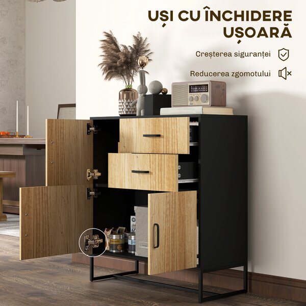 HOMCOM Bufet Modern de Depozitare cu 3 Dulapuri și 2 Sertare din Pal Melaminat și Oțel, 80x35x88 cm, Lemn Natural | Aosom Romania