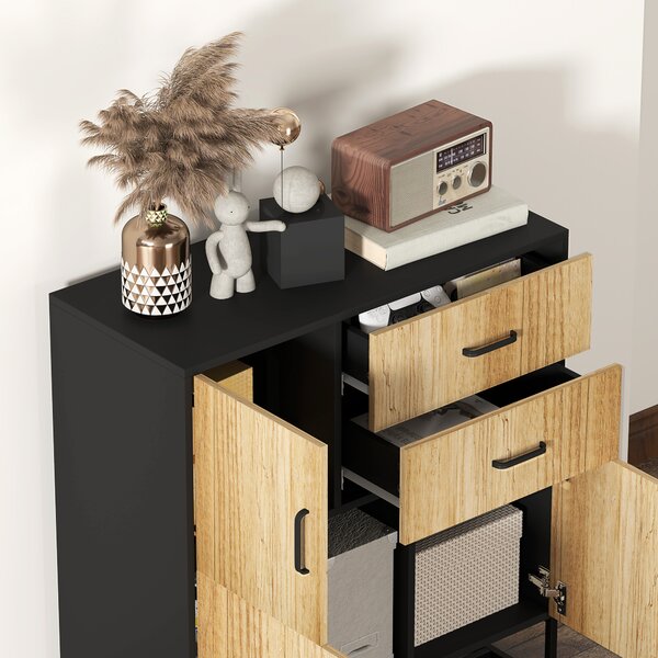 HOMCOM Bufet Modern de Depozitare cu 3 Dulapuri și 2 Sertare din Pal Melaminat și Oțel, 80x35x88 cm, Lemn Natural | Aosom Romania