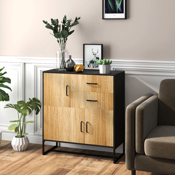 HOMCOM Bufet Modern de Depozitare cu 3 Dulapuri și 2 Sertare din Pal Melaminat și Oțel, 80x35x88 cm, Lemn Natural | Aosom Romania