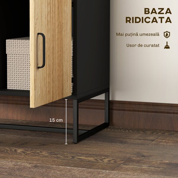 HOMCOM Bufet Modern de Depozitare cu 3 Dulapuri și 2 Sertare din Pal Melaminat și Oțel, 80x35x88 cm, Lemn Natural | Aosom Romania