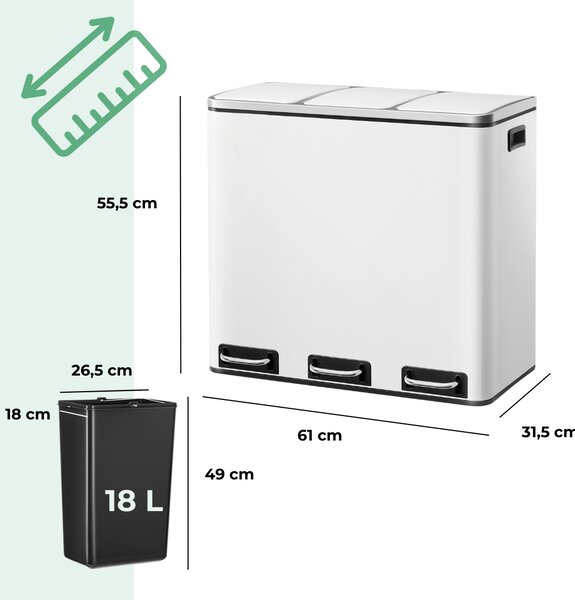 Coș de reciclare SORT 54L (3x18L) + saci de gunoi, alb Jurhan