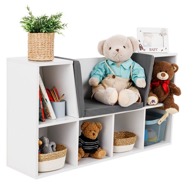 KONDELA Bibliotecă pentru copii cu scaune, alb/gri, FERIA