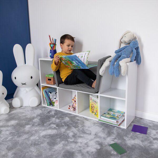KONDELA Bibliotecă pentru copii cu scaune, alb/gri, FERIA