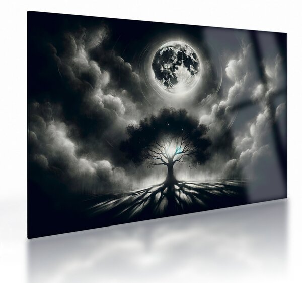 Tablou pe sticlă – Arbore alb-negru în lună plină (70x50 cm)