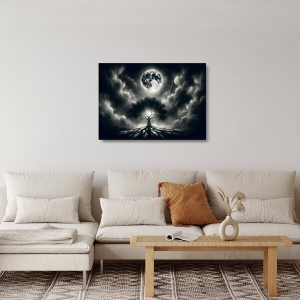 Tablou pe sticlă – Arbore alb-negru în lună plină (70x50 cm)