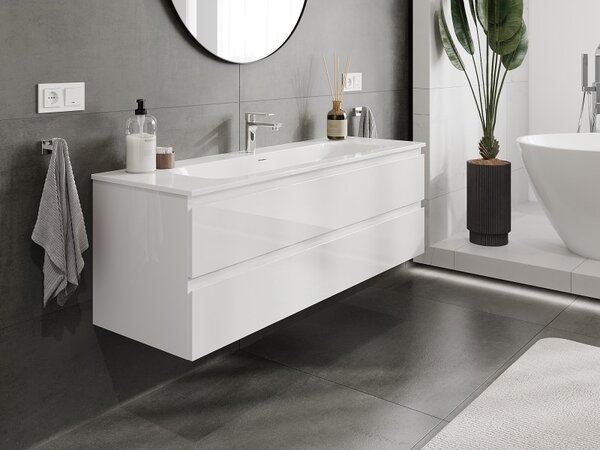 Mexen Orio, mobilier baie 140 cm cu lavoar Vela, 2 sertare, alb lucios, 91A10-14047-2-BFF00-W23M00