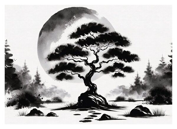 Tablou pe sticlă – Bonsai alb-negru (70x50 cm)