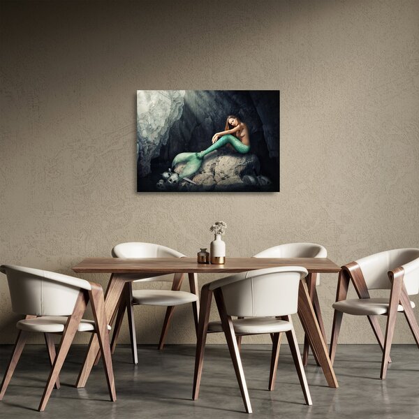 Tablou pe sticlă - Sirena pe stâncă (70x50 cm)