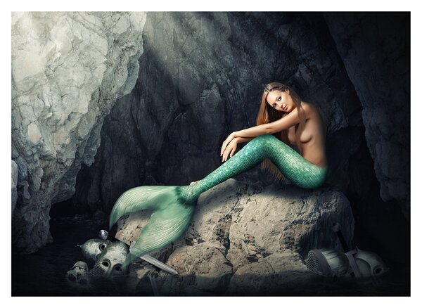 Tablou pe sticlă - Sirena pe stâncă (70x50 cm)