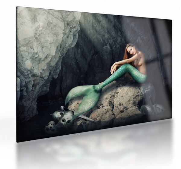 Tablou pe sticlă - Sirena pe stâncă (70x50 cm)