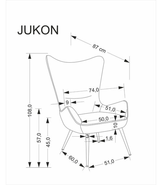 Fotoliu JUKON, crem/negru, stofa clasica/otel, 74x87x108 cm