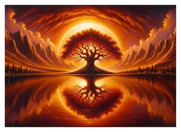 Tablou pe sticlă – Arbore în soare sângeriu (70x50 cm)