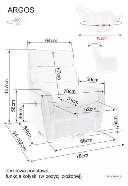Fotoliu recliner ARGOS, stofa catifelata gri - Bluvel 14, 78x84/162x10