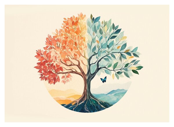 Tablou pe sticlă – Arbore dual cu fluture (70x50 cm)