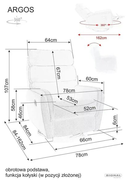Fotoliu recliner ARGOS, stofa clasica gri - Raven 07, 78x84/162x107 cm