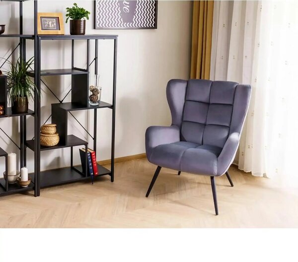 Fotoliu LOUIS, stofa catifelata gri - Bluvel 14, 75x87x91 cm