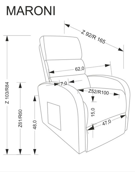 Fotoliu recliner MARONI, stofa catifelata gri - Bluvel 14, 62x92/165x1