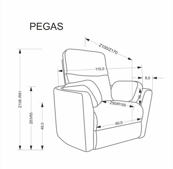 Fotoliu recliner PEGAS, stofa bej, 110x100/170x108/81 cm