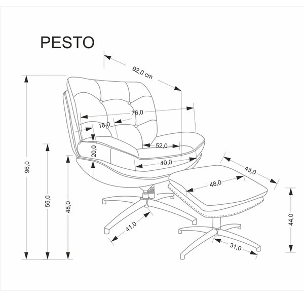 Fotoliu rotativ cu taburet PESTO, gri/negru, stofa clasica/metal, 76x9