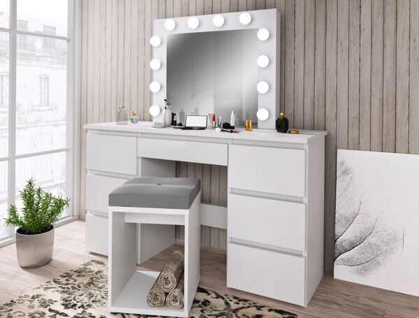SEA516 - Set Masa toaleta, 120 cm, cosmetica machiaj, masuta vanity, oglinda cu LED-uri - Alb Mat sau Lucios cu sau fara scaun, cu sau fara Priza
