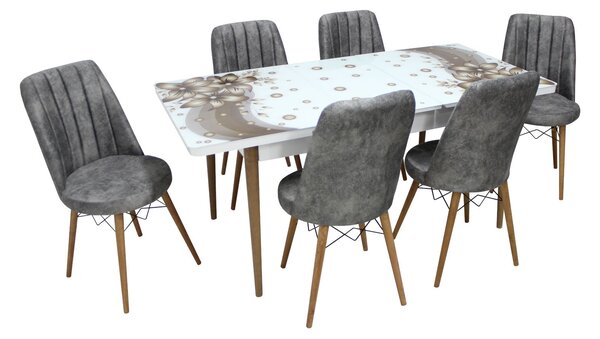 Set masă extensibilă Amaryllis Brown cu 6 scaune Apollo Gri Deschis