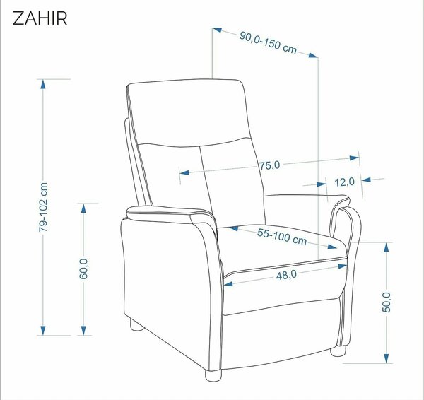 Fotoliu rabatabil ZAHIR, stofa clasica bej, 75x90/150x102/79 cm
