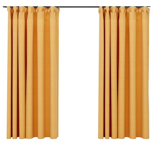 Draperii opace aspect in, cârlige, 2 buc., galben, 140 x 175 cm