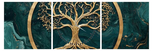 Tablou – Arborele vieții auriu în marmură (cu ceas) (90x30 cm)