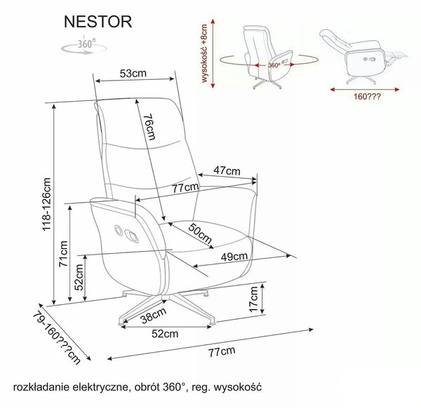 Fotoliu rabatabil NESTOR, gri, stofă/metal, 77x50x118 cm