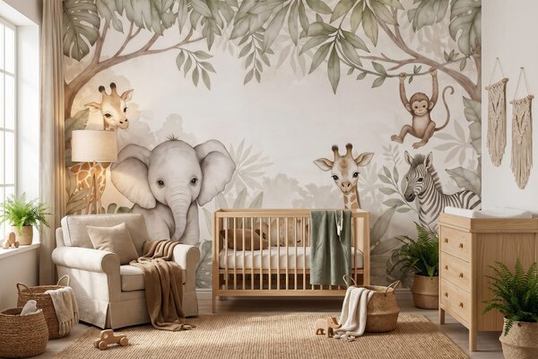 Tapet Animale de safari adorabile printre frunzișul tropical, în stil acuarelă, Fototapet Animale, w09885 : Uwalls.ro