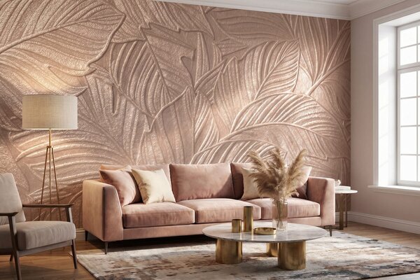 Tapet Frunze tropicale în relief, cu un model delicat, în nuanțe calde de bej, Fototapet Textură, w09886 : Uwalls.ro