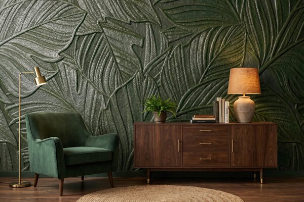 Tapet Frunze tropicale în relief, cu un contur delicat, în nuanțe de verde intens, Fototapet Textură, w09886v1 : Uwalls.ro