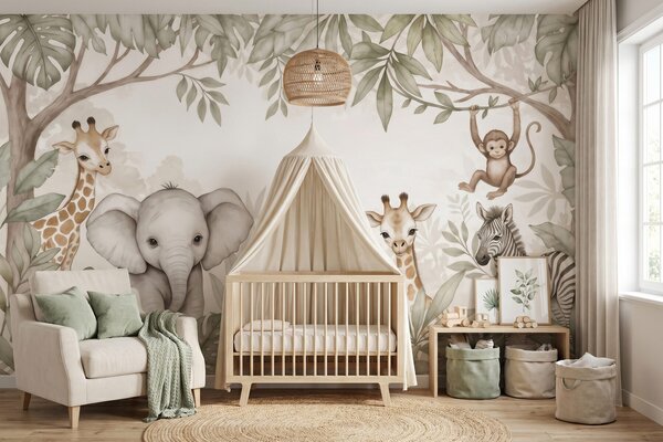 Tapet Animale de safari adorabile printre frunzișul tropical, în stil acuarelă, Fototapet Animale, w09885 : Uwalls.ro