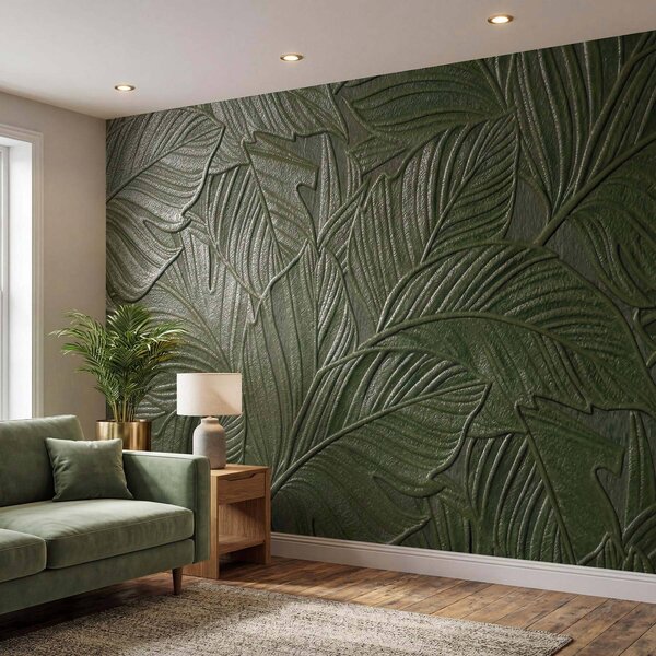 Tapet Frunze tropicale în relief, cu un contur delicat, în nuanțe de verde intens, Fototapet Textură, w09886v1 : Uwalls.ro