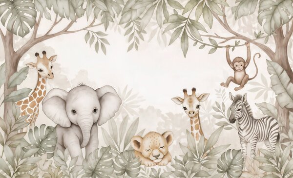 Tapet Animale de safari adorabile printre frunzișul tropical, în stil acuarelă, Fototapet Animale, w09885 : Uwalls.ro